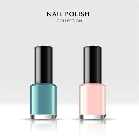 Nail polish package set, 3D illustration realistic glass bottle template, pink and blue nail polishのイラスト素材