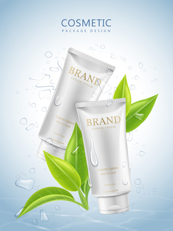 Refreshing cosmetic package design, white tube package template with green leaves and water drops over blue background, 3D illustrationのイラスト素材