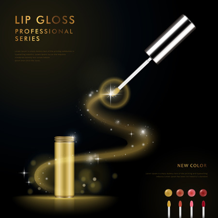 Splendid lip gloss ad template, 3D illustration cosmetic package design isolated on black background, colorful lip gloss collection on lower rightのイラスト素材