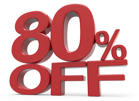 right leaning 3d rendering of a 80% off symbol, isolated on white background