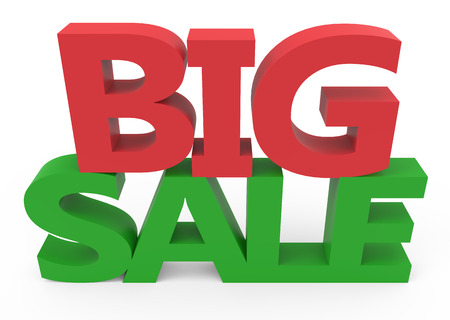 3d rendering of green and red big sale, isolated on white background, left leaningの写真素材