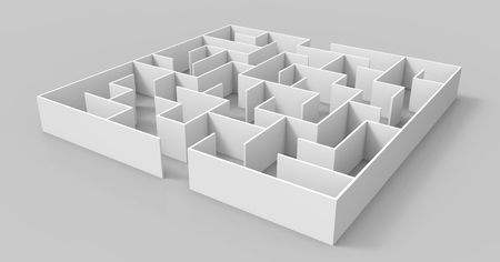 3d rendering maze, blank square maze template, labyrinth for business concept or education, isolated on grey backgroundの写真素材