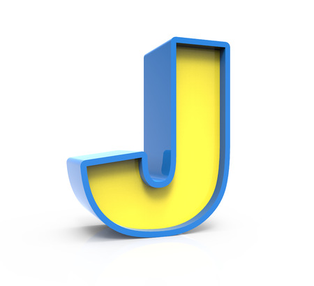 3d rendering toylike plastic yellow letter J with blue frame isolated on white background, 3d illustration, left leaningの写真素材