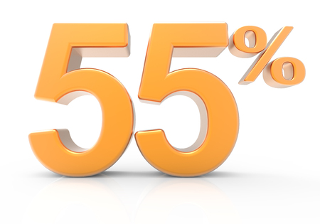 3d rendering of an orange 55% symbol, isolated on white backgroundの写真素材