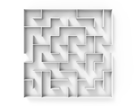 3d rendering maze, top view of round white maze template, labyrinth for business concept or educationの写真素材