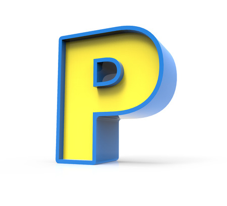 3d rendering toylike plastic yellow letter P with blue frame isolated on white background, 3d illustration, right leaningの写真素材