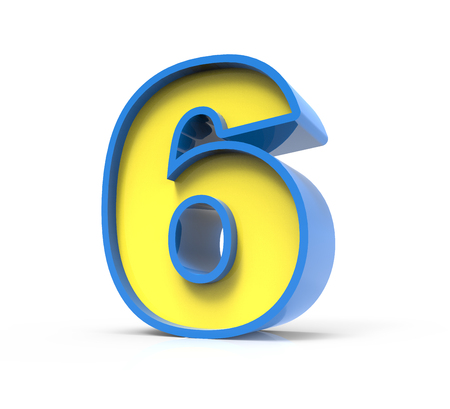 3d rendering toylike plastic yellow number 6 with blue frame isolated on white background, 3d illustration, right leaningの写真素材
