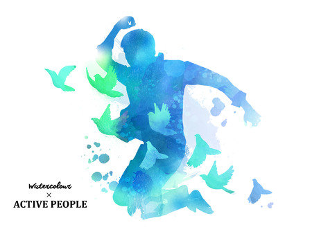 Watercolor jumping silhouette, young boy jumping with pigeons around him in watercolor style. Blue tone.のイラスト素材
