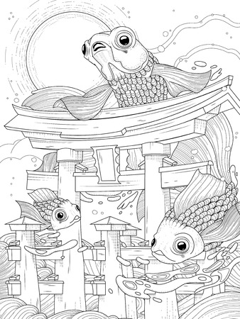 Japanese torii in sea; with moon and golden fishes, black and whiteのイラスト素材