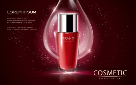 Cosmetic ads template, glass bottle mockup isolated on scarlet background. 3D illustration. essence drop elements on the background.のイラスト素材