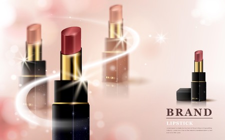 Glamour lipstick ads, 3d illustration lipstick in different color tones with sparkling effects, isolated on pink backgroundのイラスト素材