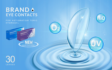 Eye contacts ads template, contact lenses with water ripples and effects on blue bubbles. Product ads and package design in 3d illustration.のイラスト素材
