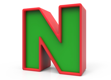 3d rendering Christmas letter N isolated on white background, green alphabet with red frame for holiday, right leaningの写真素材