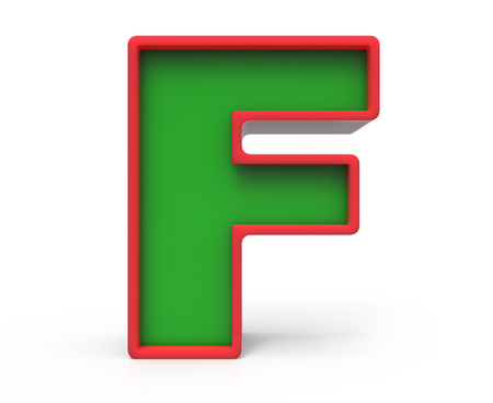 3d rendering Christmas letter F isolated on white background, green alphabet with red frame for holidayの写真素材