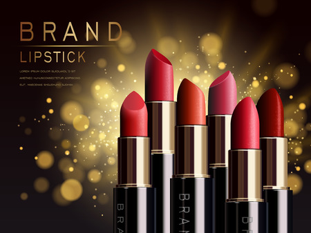 several red lipsticks placed in lines with black background and golden powder elements in 3d illustrationのイラスト素材
