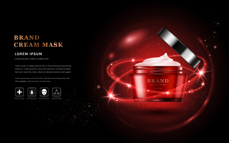 Cream mask ads, red packaging skincare product in 3D illustration, glitter particles elementsのイラスト素材
