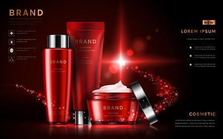 Attractive cosmetic set ads, red packaging skincare sets in 3D illustration, glitter particles elementsのイラスト素材