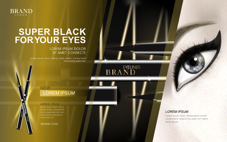 super black eyeliner advertisement with eye close up and golden light elements, 3d illustrationのイラスト素材
