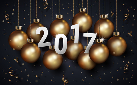 Gorgeous 2017 greetings template, attractive golden hanging baubles with sparkling ribbon isolated on dark blue background, 3d illustrationのイラスト素材