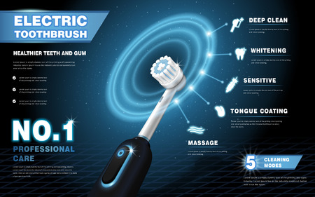 Electric toothbrush ads, vibrant brush with glowing ring effect shows different cleaning modes over dark blue background in 3d illustration, high tech productsのイラスト素材