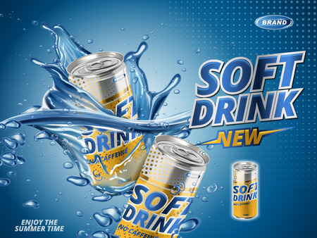soft drink lemon flavor contained in yellow metal can, water backgroundのイラスト素材