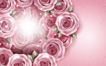 Romantic roses bouquet background, pink petals and water drops isolated on pink background, 3d illustrationのイラスト素材