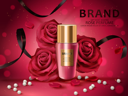 Romantic cosmetic set, rose perfume with red roses, white pearl and black ribbons isolated on red background in 3d illustrationのイラスト素材