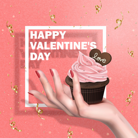 cream chocolate muffin held in hand, valentine's day special, pink background 3d illustrationのイラスト素材