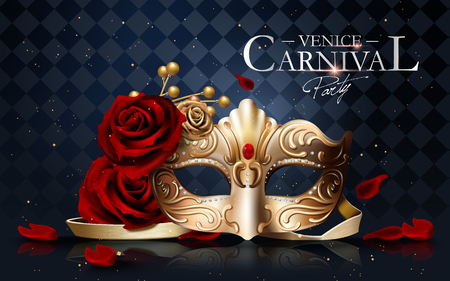 Venice carnival poster, golden mask with diamonds and roses isolated on blue geometric background in 3d illustrationのイラスト素材