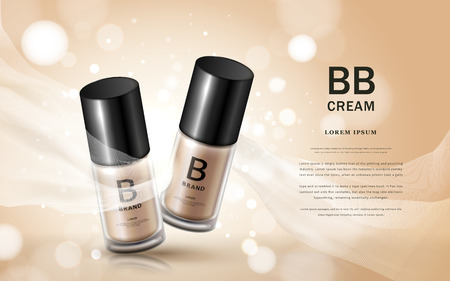 BB cream ads, two glass bottles with cosmetic base and silk texture floating on the background in 3d illustrationのイラスト素材