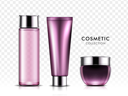 Cosmetic package set, attractive blank containers in purple, 3d illustrationのイラスト素材