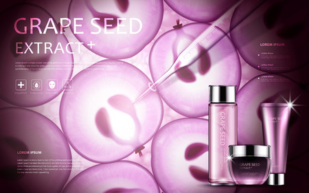 Grape seed extract, cosmetic ads with grape seed background and purple containers set in 3d illustrationのイラスト素材