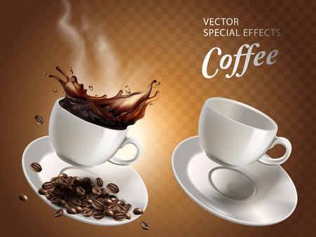 two coffee cups, one empty and one full, transparent background, 3d illustrationのイラスト素材
