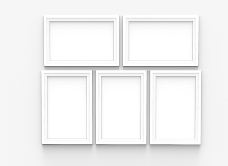 five blank picture frames template set isolated on wall, 3d rendering