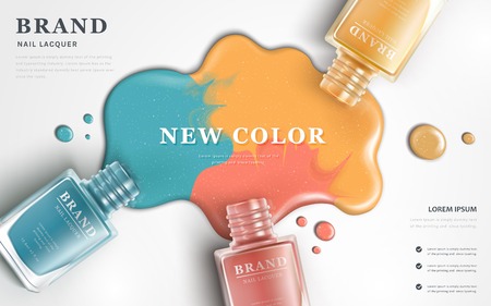 Beautiful nail lacquer ads, top view of colorful nail polish splatter on white background, 3d illustration, vogue ads for designのイラスト素材