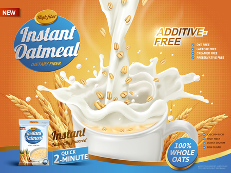 oatmeal ad, with milk pouring into a cup and oat elements, 3d illustration