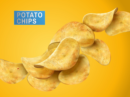 Sliced potato chips still life, yellow background 3d illustrationのイラスト素材