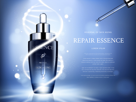 Dark blue repair essence with helical structure and droplet bottle, 3d illustrationのイラスト素材