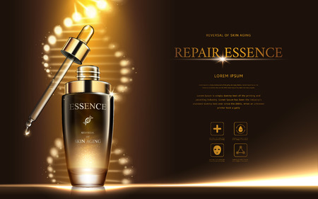 Dark gold repair essence with helical structure and droplet bottle, 3d illustrationのイラスト素材