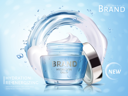 Hydration cosmetic cream ad, with water flow and white cream elements, 3d illustrationのイラスト素材