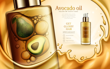 Avocado and oil contained in cosmetic bottles, with golden oil elements, 3d illustrationのイラスト素材