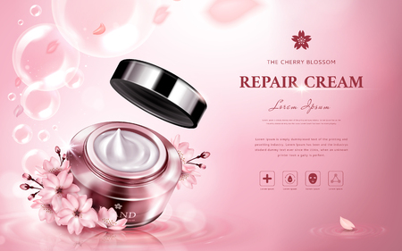 cherry blossom repair cream contained in a jar, with romantic flowers and bubbles, pink background 3d illustrationのイラスト素材