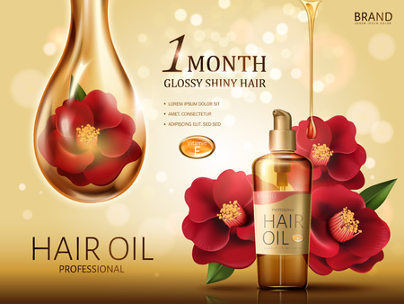 camellia hair oil contained in a bottle, with red camellia flowers and a huge oil drop covering a flower, golden background 3d illustrationのイラスト素材