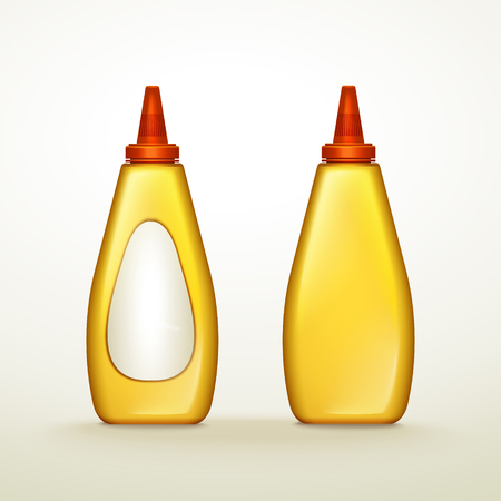 plastic yellow sauce bottles with blank label, isolated white background, 3d illustrationのイラスト素材