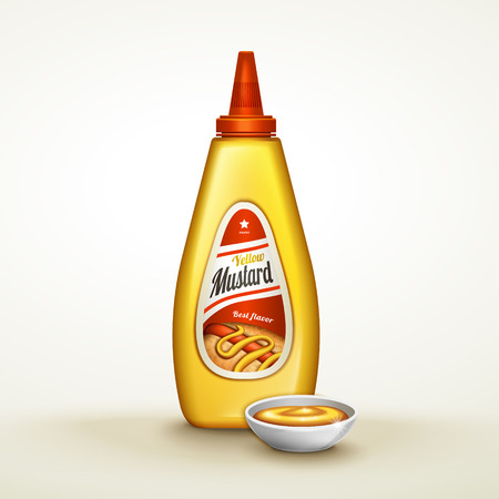 plastic yellow sauce bottle with label, isolated white background, 3d illustrationのイラスト素材