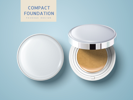 Two blank cosmetic foundation cases, one half open, can be used as package design elements, isolated light blue background 3d illustration.のイラスト素材