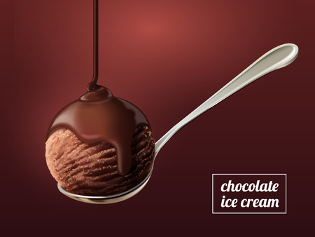 Scoop of chocolate ice cream, premium chocolate sauce dripping from top isolated on scarlet background in 3d illustrationのイラスト素材