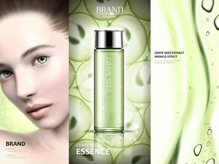 Grape seed ads design, charming model with grape seed essence and gel texture in 3d illustration, green toneのイラスト素材