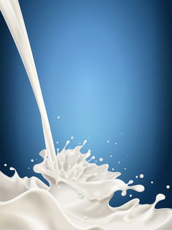 Milk pouring down from top, isolated on vertical blue background in 3d illustrationのイラスト素材