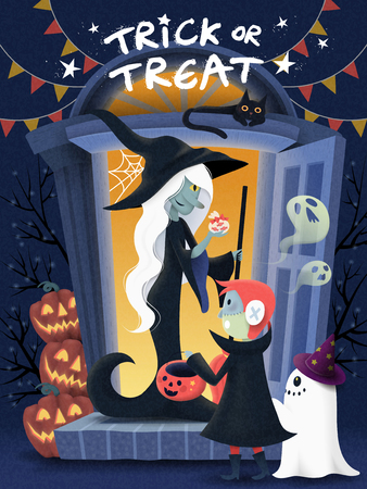 Halloween poster design, a kid wearing monster costume and visits witch house for candies, pumpkin and spooky elementsのイラスト素材